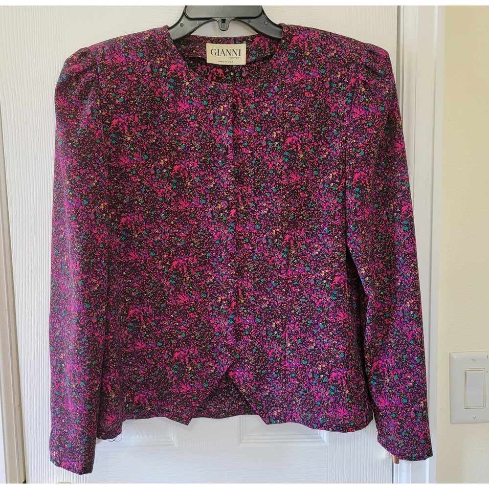Gianni Sport Vintage Top Blouse size 10 MultiColor Abstract Floral Button Up USA
